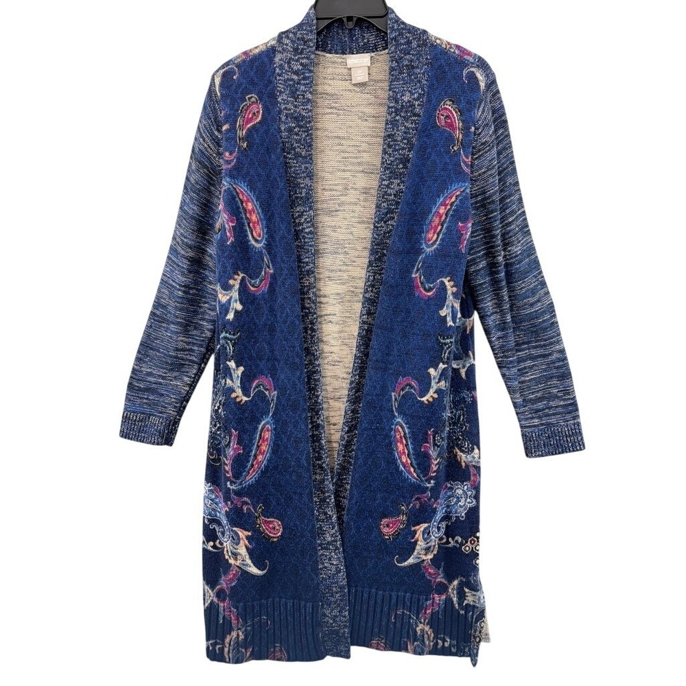Chicos Cardigan Womens 2P Large Petite Duster Blue‎ Cotton Longline Boho Artsy